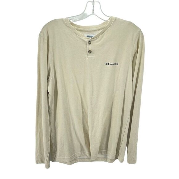 Columbia Mens Henley Shirt Long Sleeve Omni Wick Logo Beige Small - Picture 1 of 9
